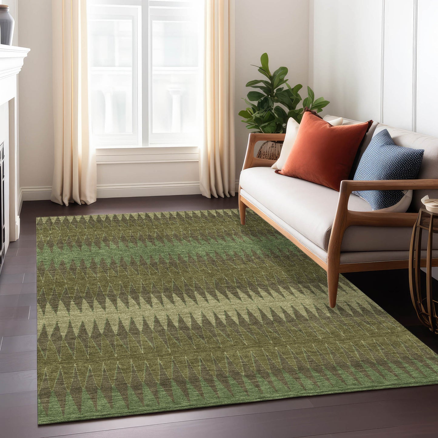 Tabselect Home Line 5' X 8' Olive Green And Dark Green Striped Washable Indoor Outdoor Area Rug