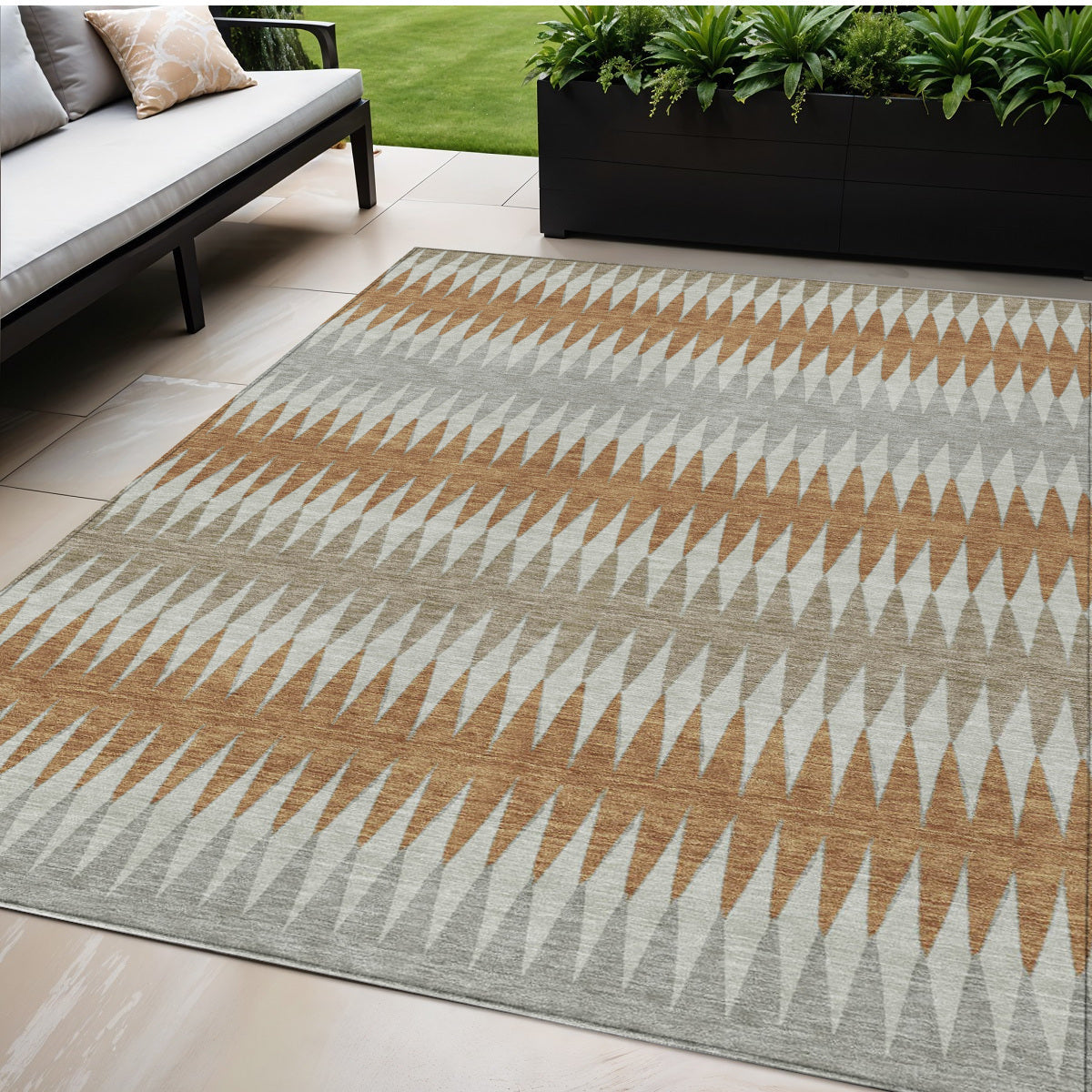 Tabselect Home Line 5' X 8' Orange Gray And Beige Striped Washable Indoor Outdoor Area Rug