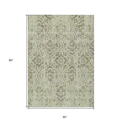 Tabselect Home Line 5' X 8' Artichoke Green And Brown Floral Washable Indoor Outdoor Area Rug