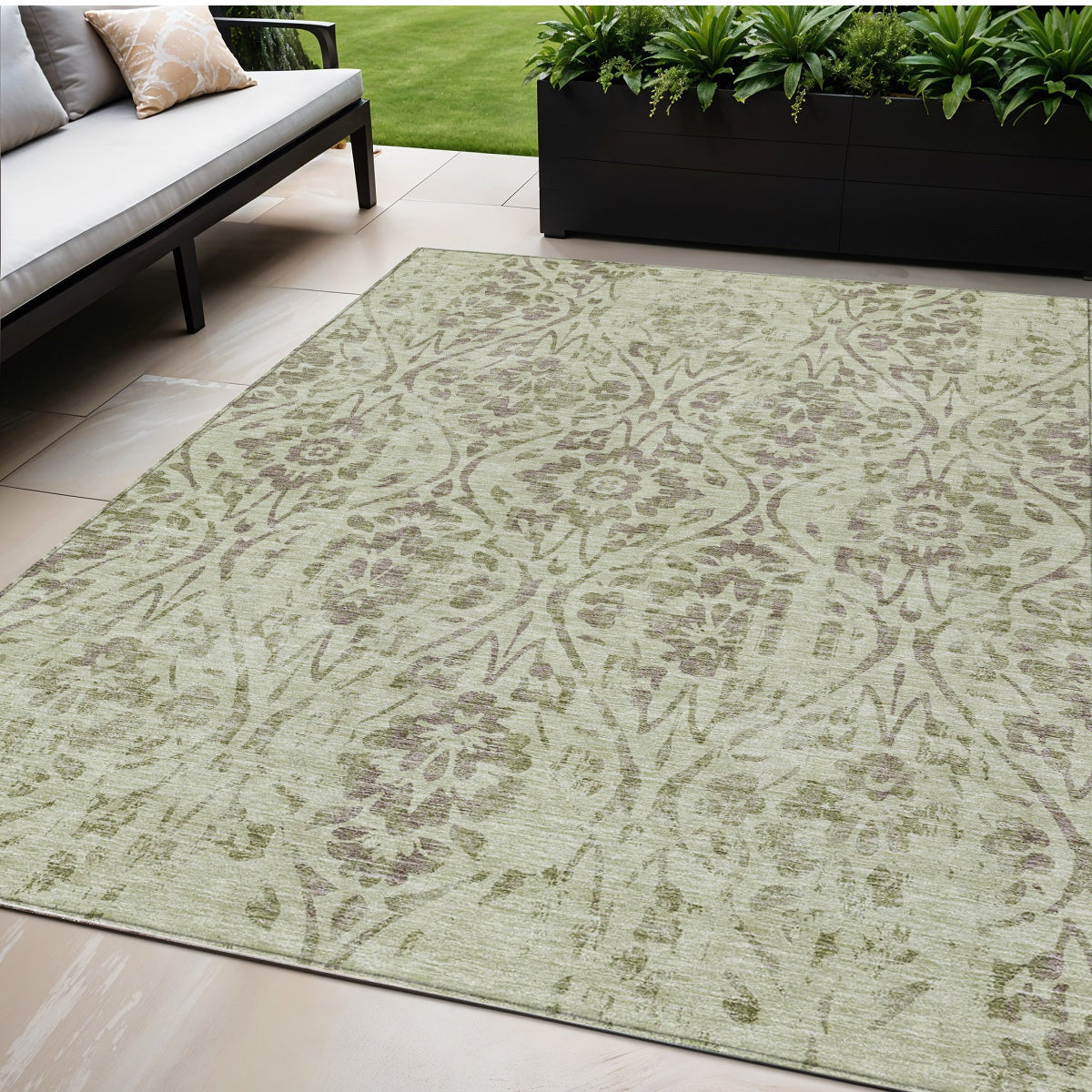 Tabselect Home Line 5' X 8' Artichoke Green And Brown Floral Washable Indoor Outdoor Area Rug