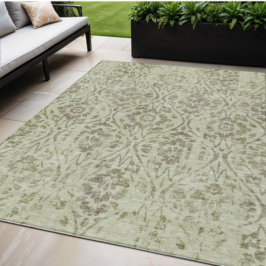 Tabselect Home Line 5' X 8' Artichoke Green And Brown Floral Washable Indoor Outdoor Area Rug