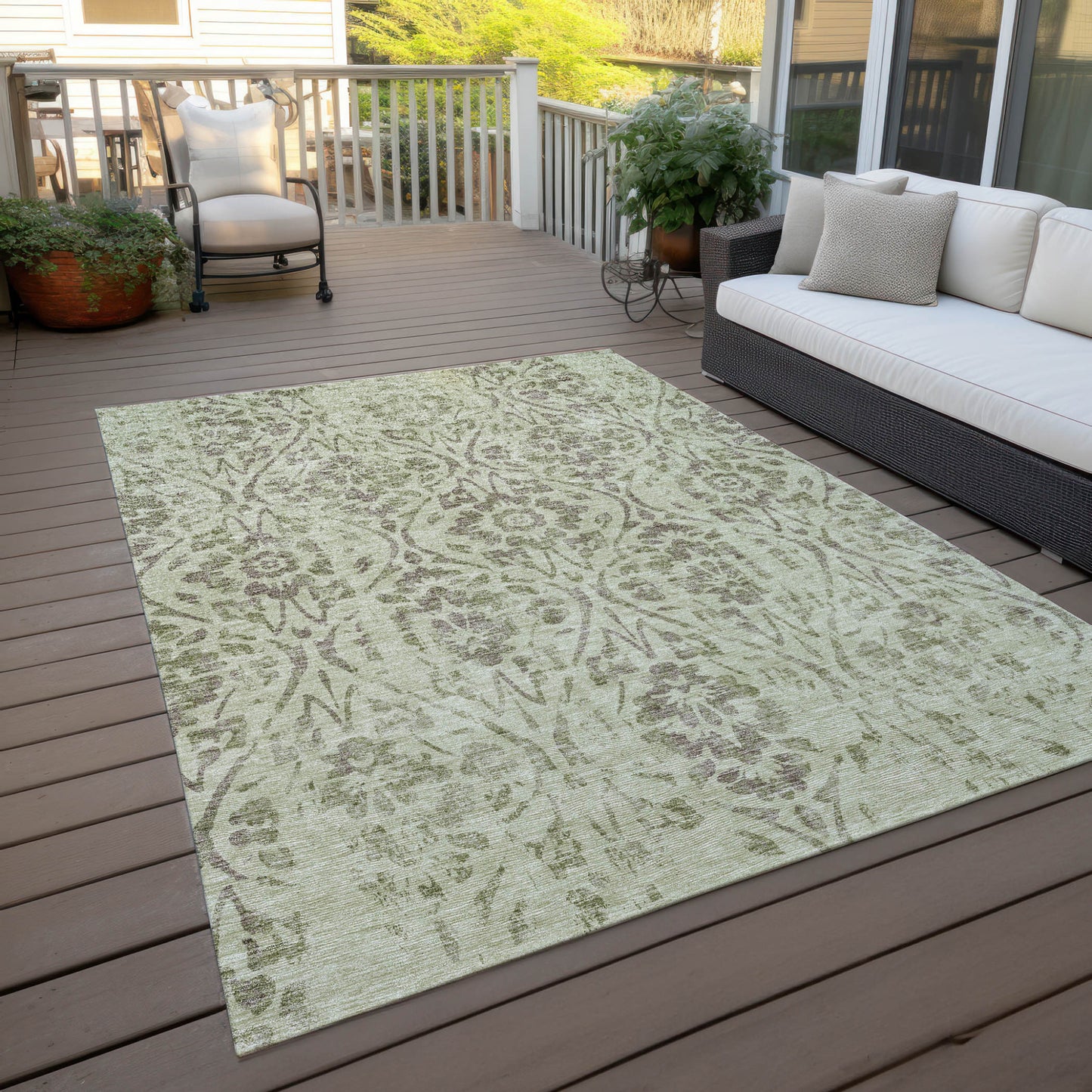 Tabselect Home Line 5' X 8' Artichoke Green And Brown Floral Washable Indoor Outdoor Area Rug