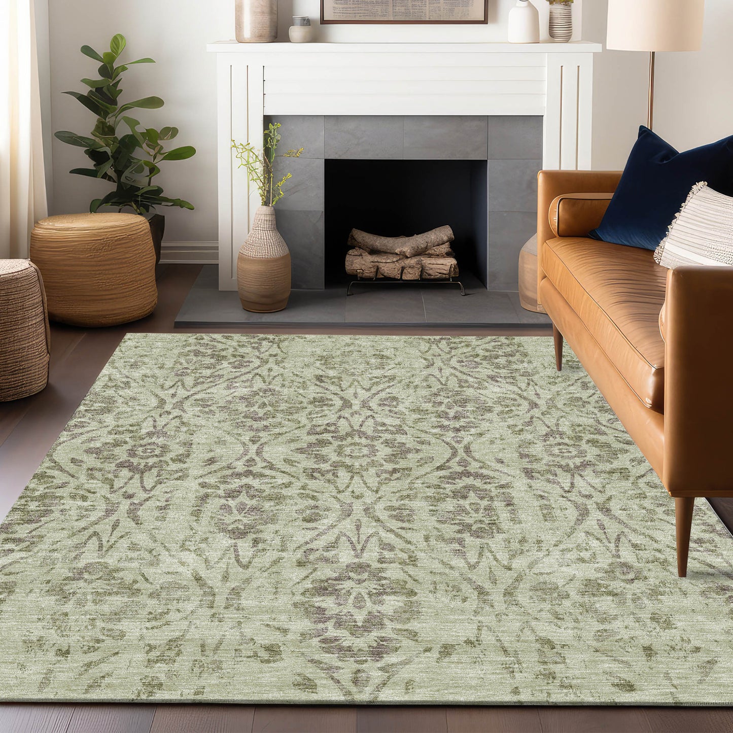 Tabselect Home Line 5' X 8' Artichoke Green And Brown Floral Washable Indoor Outdoor Area Rug