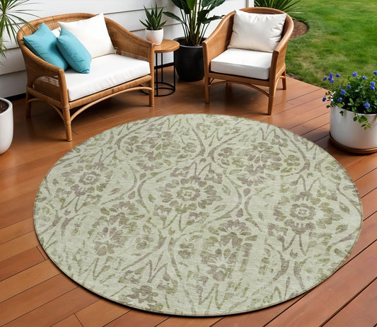 Tabselect Home Line 8' Artichoke Green And Brown Round Floral Washable Indoor Outdoor Area Rug