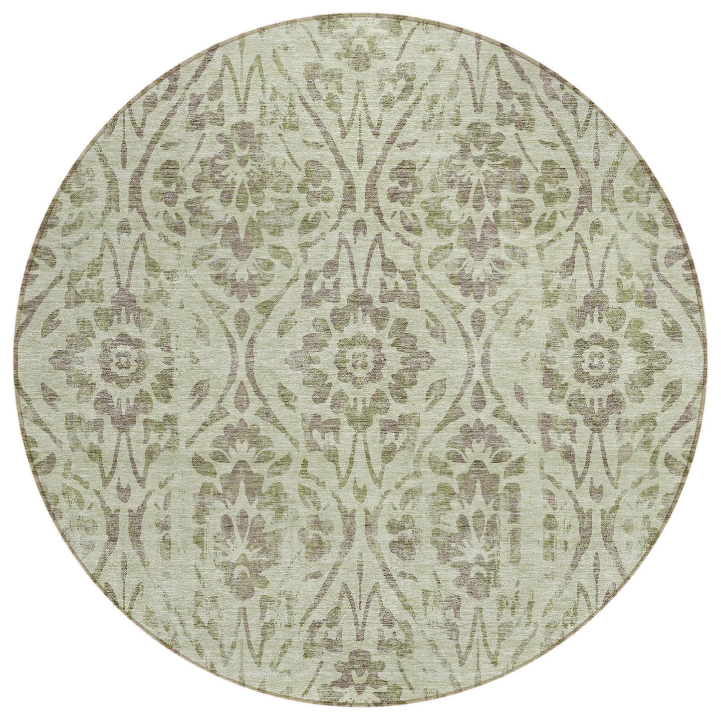 Tabselect Home Line 8' Artichoke Green And Brown Round Floral Washable Indoor Outdoor Area Rug