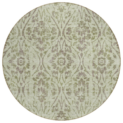 Tabselect Home Line 8' Artichoke Green And Brown Round Floral Washable Indoor Outdoor Area Rug