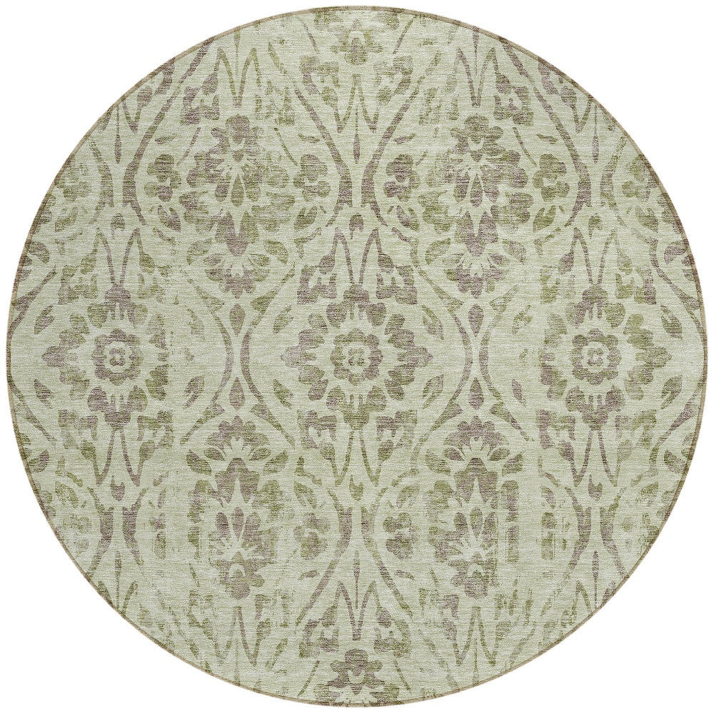 Tabselect Home Line 8' Artichoke Green And Brown Round Floral Washable Indoor Outdoor Area Rug