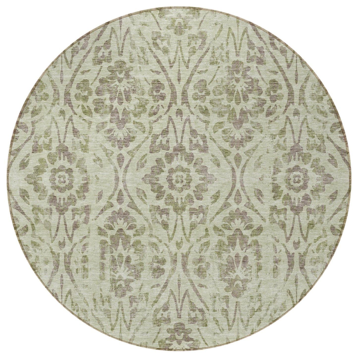 Tabselect Home Line 8' Artichoke Green And Brown Round Floral Washable Indoor Outdoor Area Rug