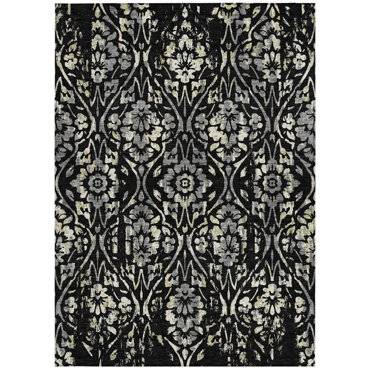 Tabselect Home Line 5' X 8' Black Gray And Ivory Floral Washable Indoor Outdoor Area Rug