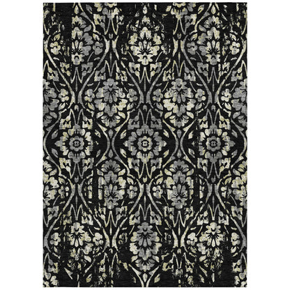Tabselect Home Line 5' X 8' Black Gray And Ivory Floral Washable Indoor Outdoor Area Rug