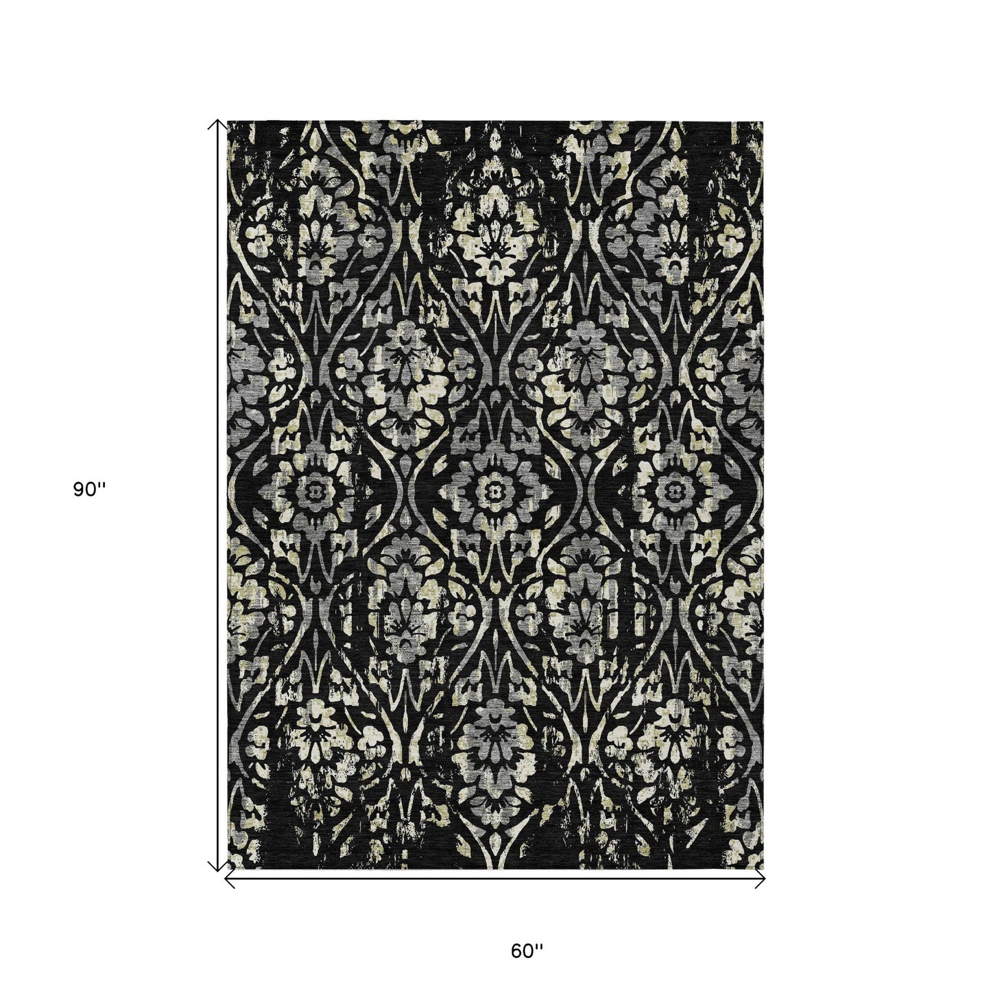 Tabselect Home Line 5' X 8' Black Gray And Ivory Floral Washable Indoor Outdoor Area Rug
