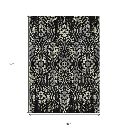 Tabselect Home Line 5' X 8' Black Gray And Ivory Floral Washable Indoor Outdoor Area Rug