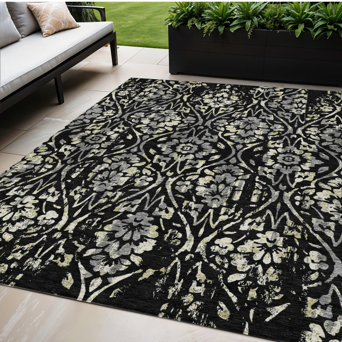 Tabselect Home Line 5' X 8' Black Gray And Ivory Floral Washable Indoor Outdoor Area Rug
