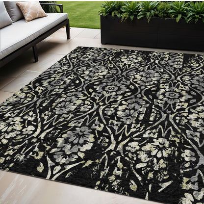 Tabselect Home Line 5' X 8' Black Gray And Ivory Floral Washable Indoor Outdoor Area Rug