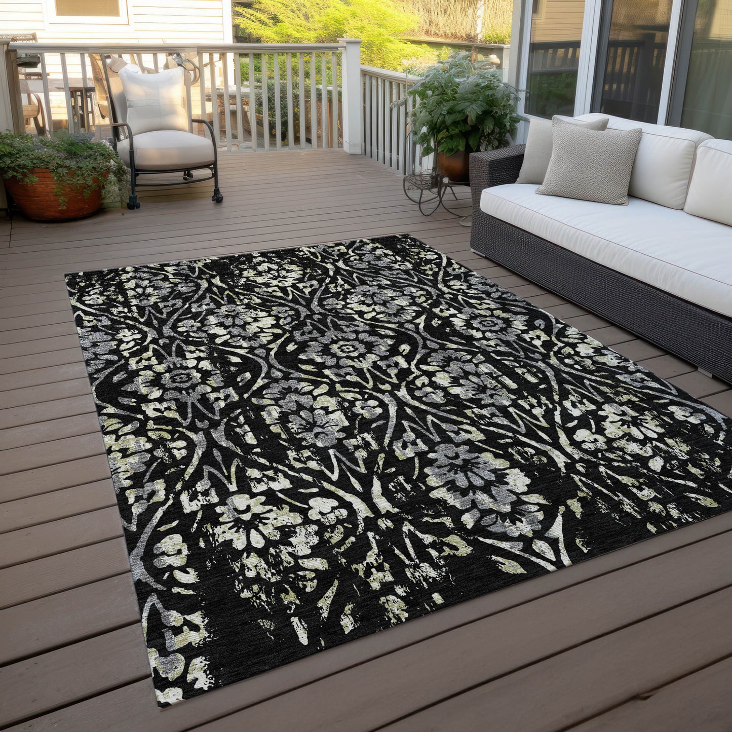 Tabselect Home Line 5' X 8' Black Gray And Ivory Floral Washable Indoor Outdoor Area Rug
