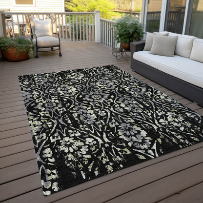 Tabselect Home Line 5' X 8' Black Gray And Ivory Floral Washable Indoor Outdoor Area Rug