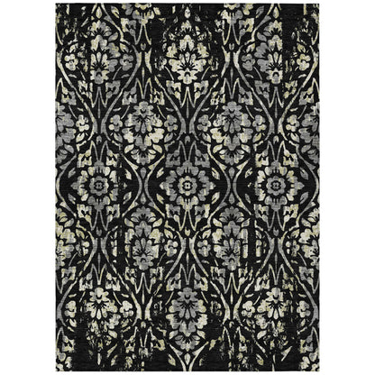 Tabselect Home Line 5' X 8' Black Gray And Ivory Floral Washable Indoor Outdoor Area Rug