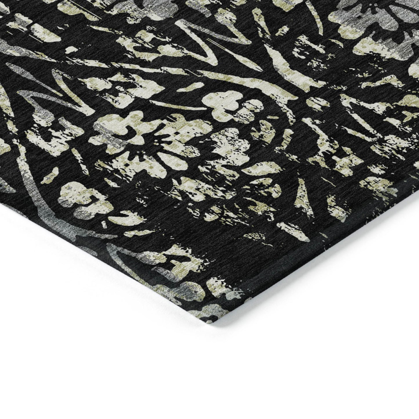 Tabselect Home Line 5' X 8' Black Gray And Ivory Floral Washable Indoor Outdoor Area Rug
