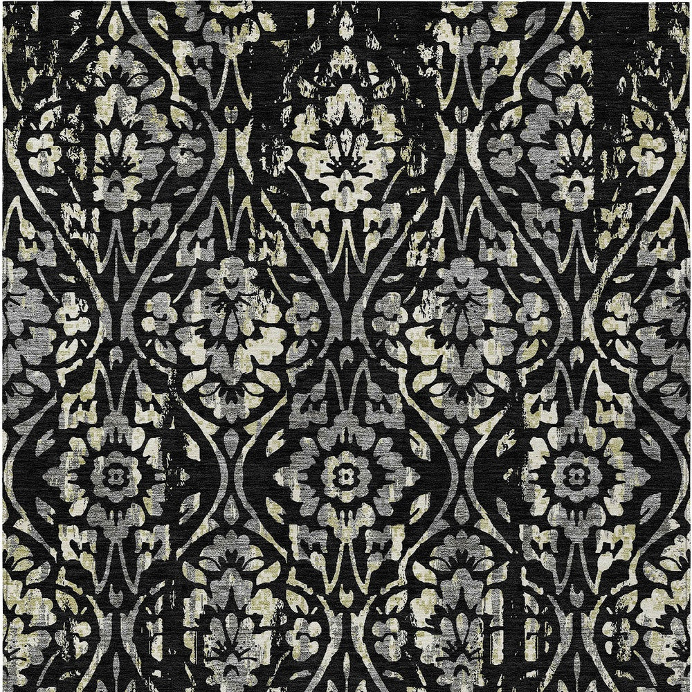 Tabselect Home Line 5' X 8' Black Gray And Ivory Floral Washable Indoor Outdoor Area Rug