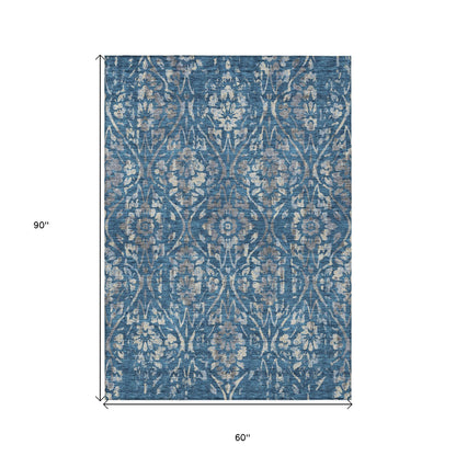 Tabselect Home Line 5' X 8' Blue And Ivory Floral Washable Indoor Outdoor Area Rug