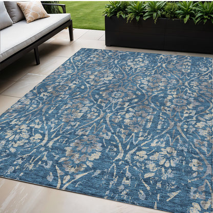 Tabselect Home Line 5' X 8' Blue And Ivory Floral Washable Indoor Outdoor Area Rug