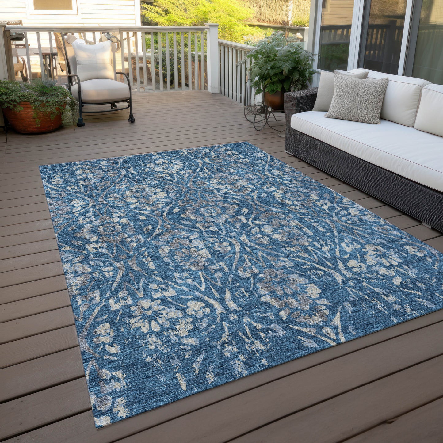 Tabselect Home Line 5' X 8' Blue And Ivory Floral Washable Indoor Outdoor Area Rug