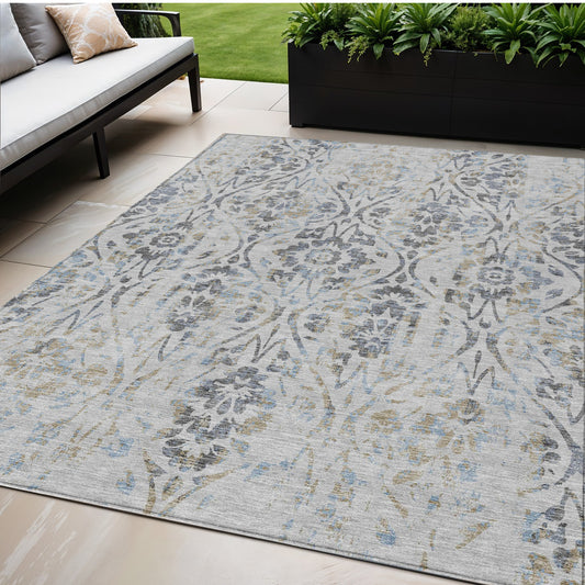 Tabselect Home Line 5' X 8' Gray Black And Green Floral Washable Indoor Outdoor Area Rug