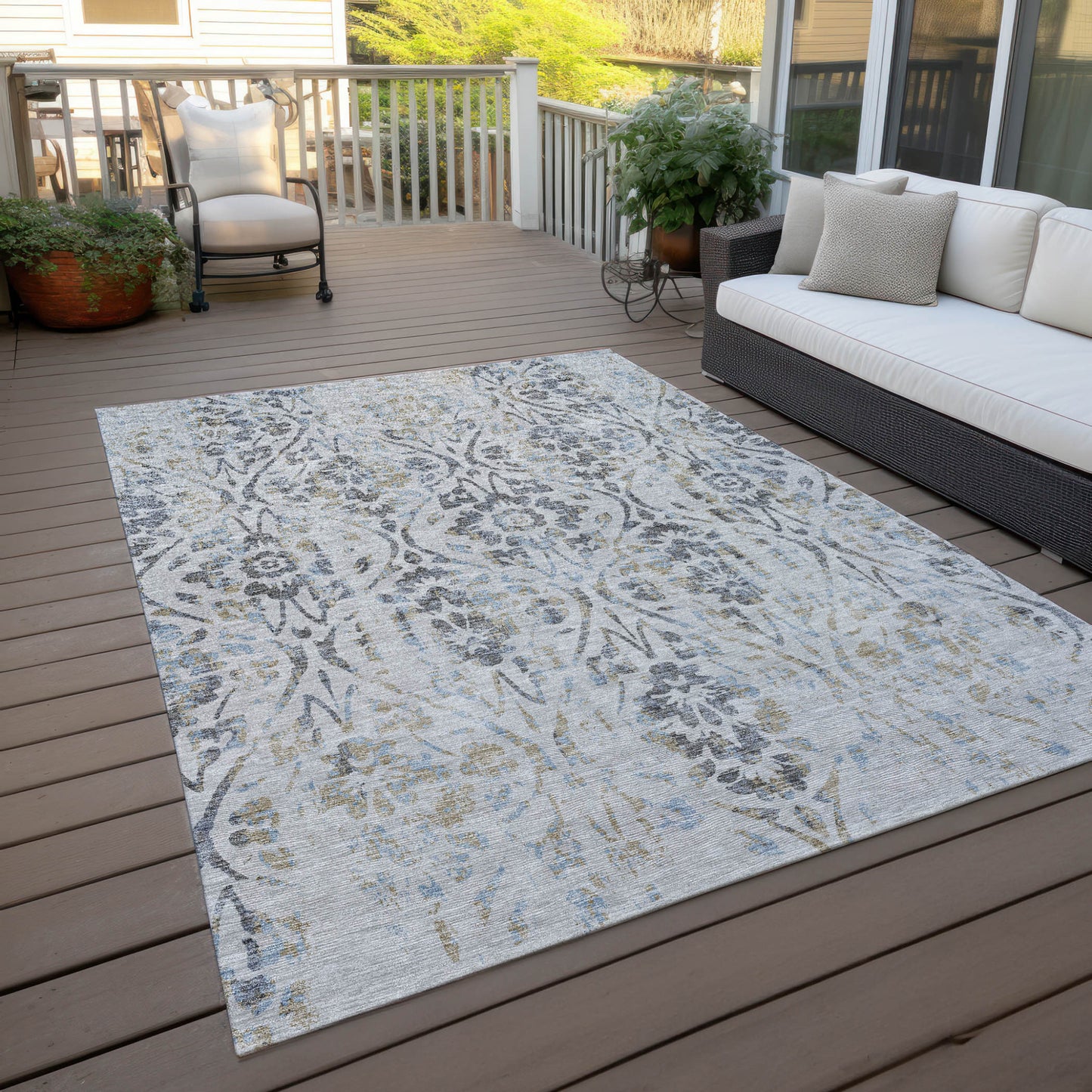 Tabselect Home Line 5' X 8' Gray Black And Green Floral Washable Indoor Outdoor Area Rug