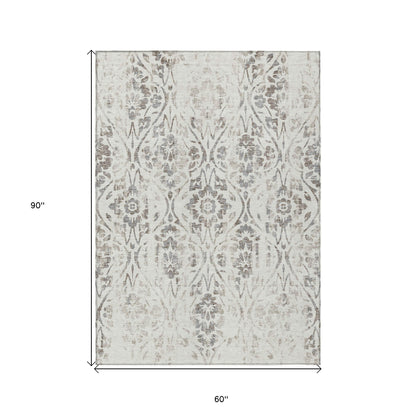 Tabselect Home Line 5' X 8' Ivory And Brown Floral Washable Indoor Outdoor Area Rug