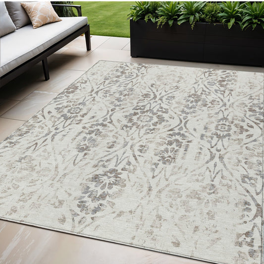 Tabselect Home Line 5' X 8' Ivory And Brown Floral Washable Indoor Outdoor Area Rug