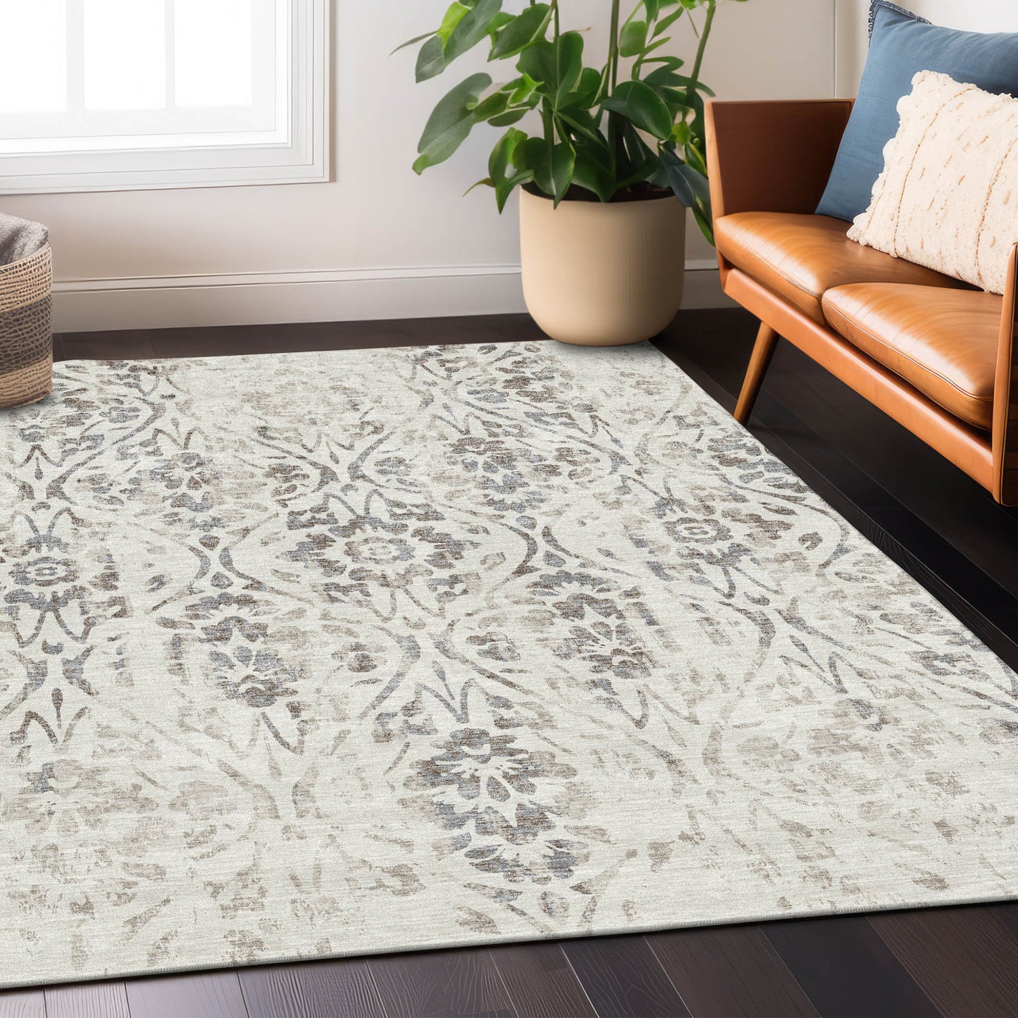 Tabselect Home Line 5' X 8' Ivory And Brown Floral Washable Indoor Outdoor Area Rug