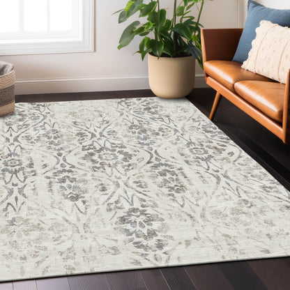 Tabselect Home Line 5' X 8' Ivory And Brown Floral Washable Indoor Outdoor Area Rug