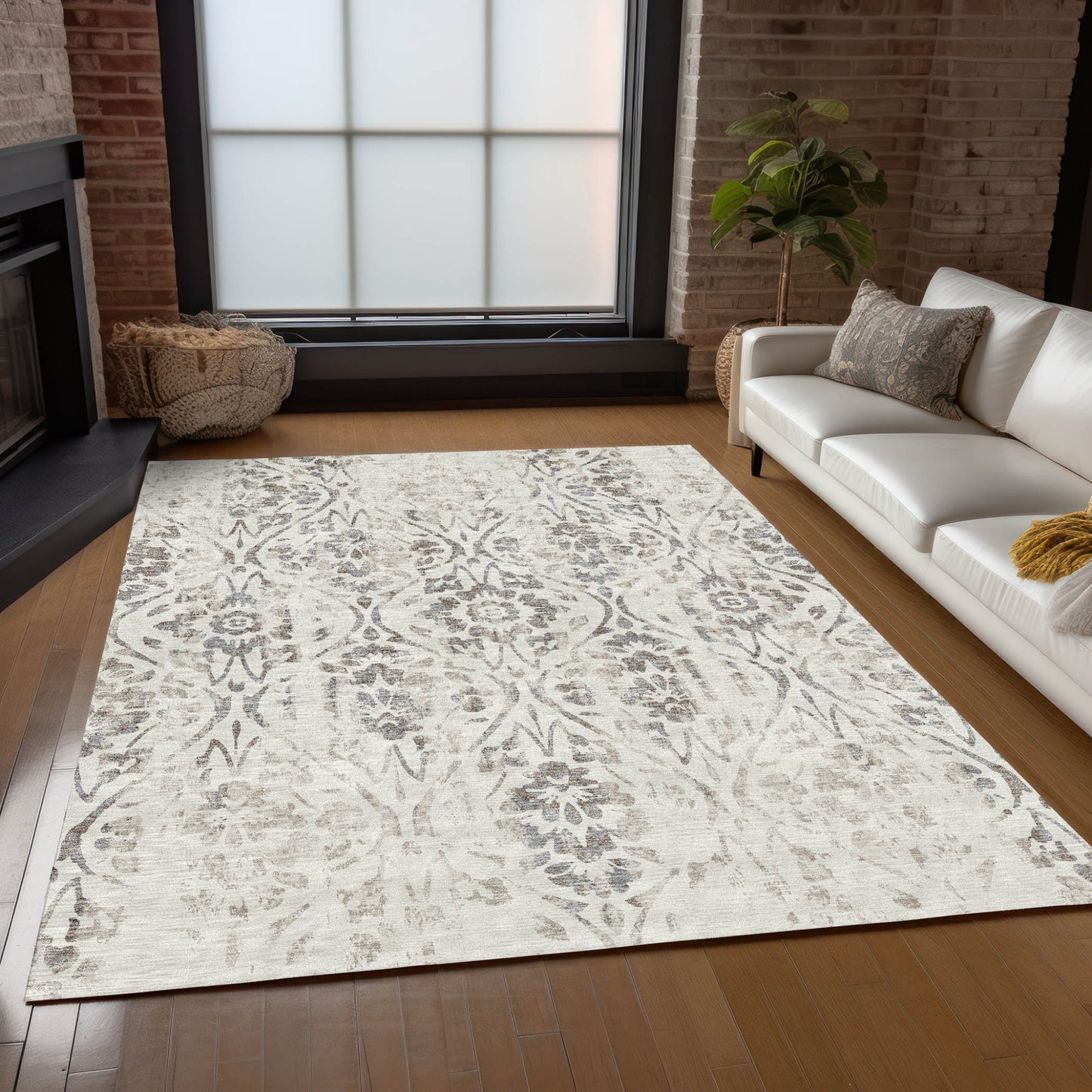 Tabselect Home Line 5' X 8' Ivory And Brown Floral Washable Indoor Outdoor Area Rug