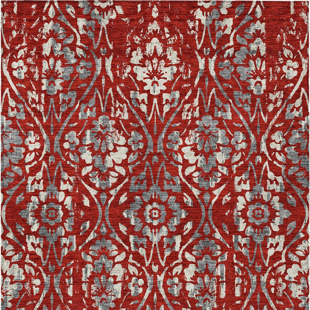 Tabselect Home Line 5' X 8' Red Ivory And Dark Gray Floral Washable Indoor Outdoor Area Rug