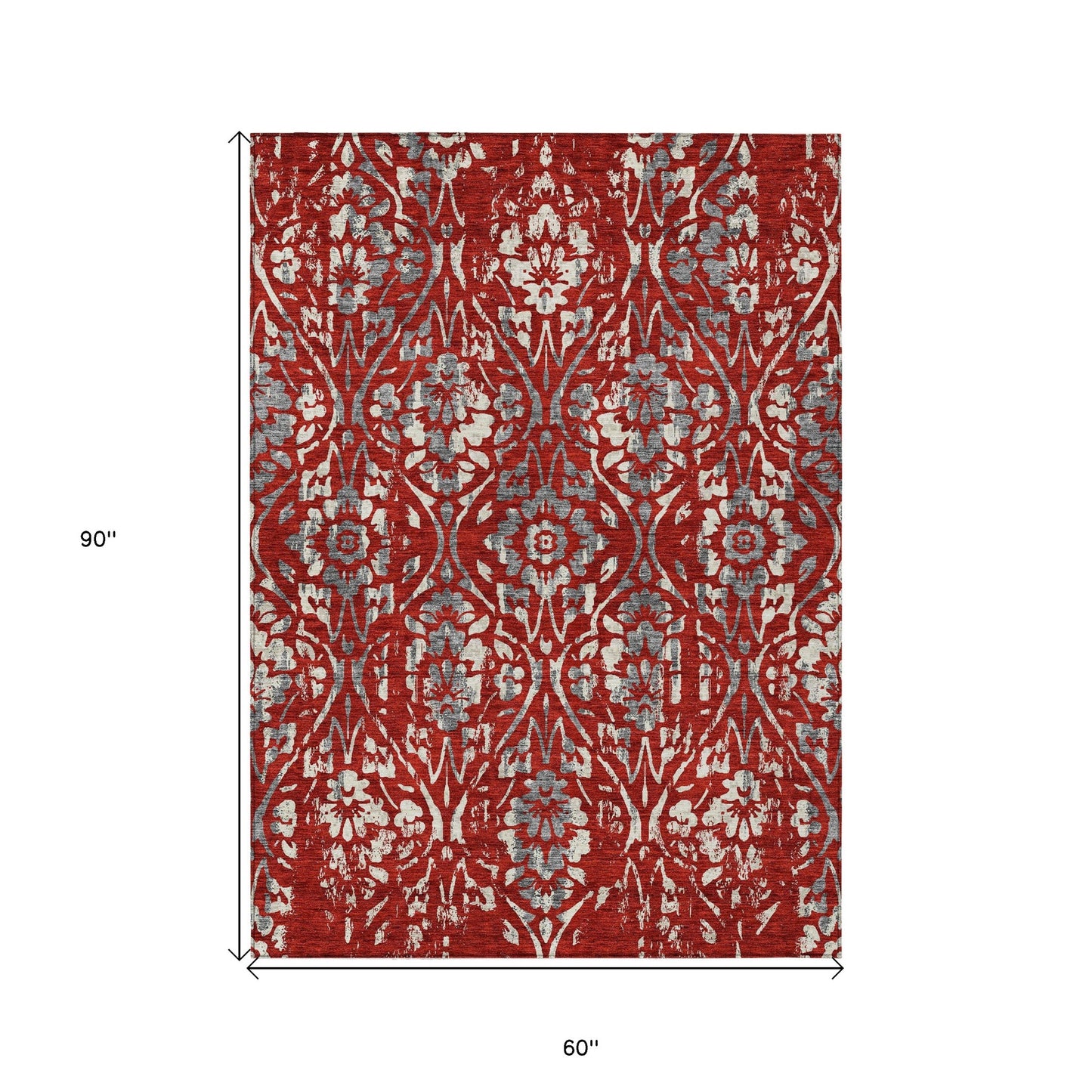 Tabselect Home Line 5' X 8' Red Ivory And Dark Gray Floral Washable Indoor Outdoor Area Rug