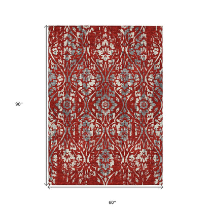 Tabselect Home Line 5' X 8' Red Ivory And Dark Gray Floral Washable Indoor Outdoor Area Rug