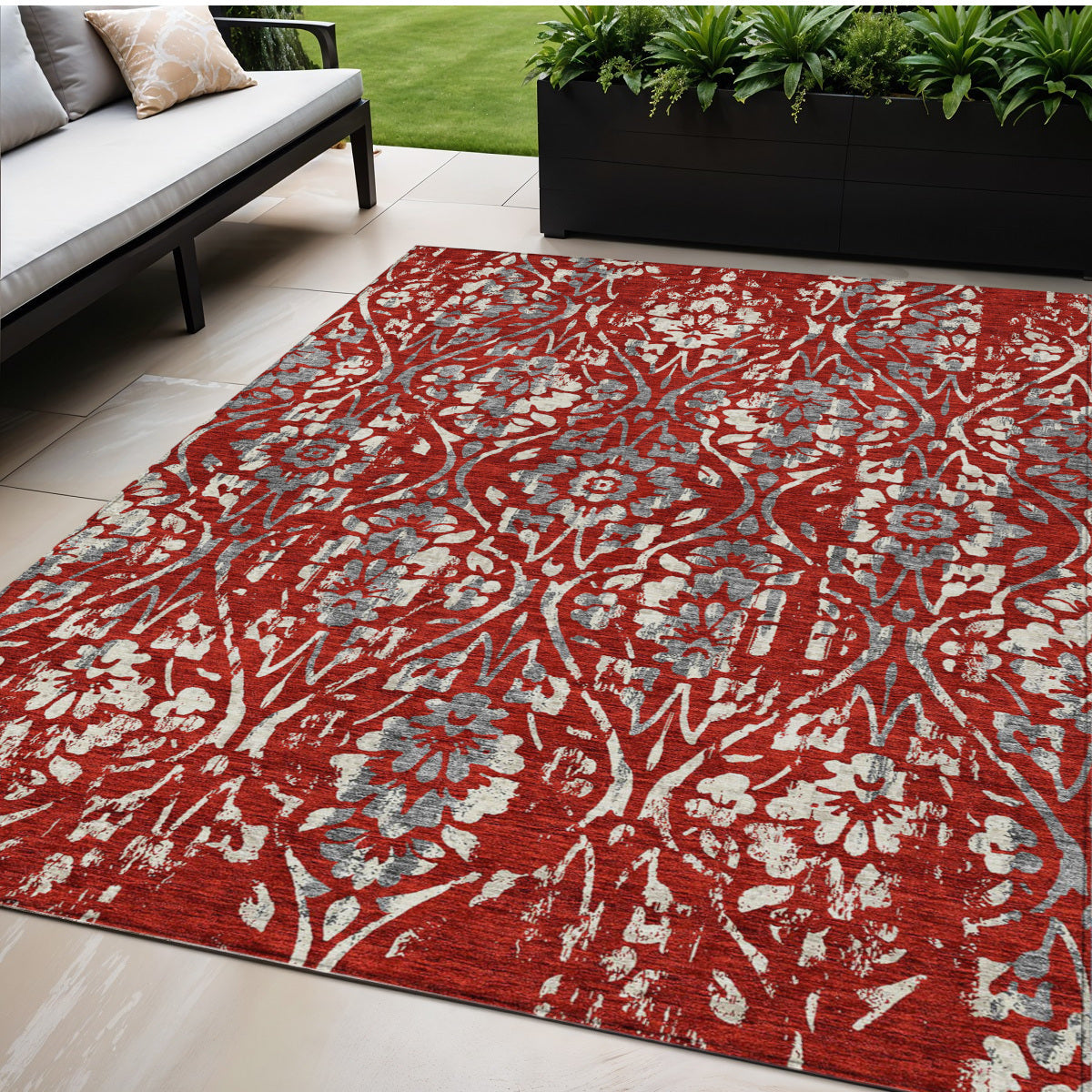 Tabselect Home Line 5' X 8' Red Ivory And Dark Gray Floral Washable Indoor Outdoor Area Rug