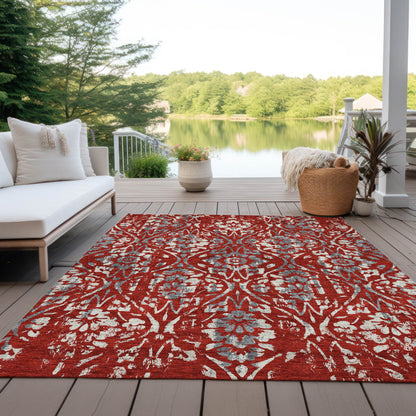 Tabselect Home Line 5' X 8' Red Ivory And Dark Gray Floral Washable Indoor Outdoor Area Rug