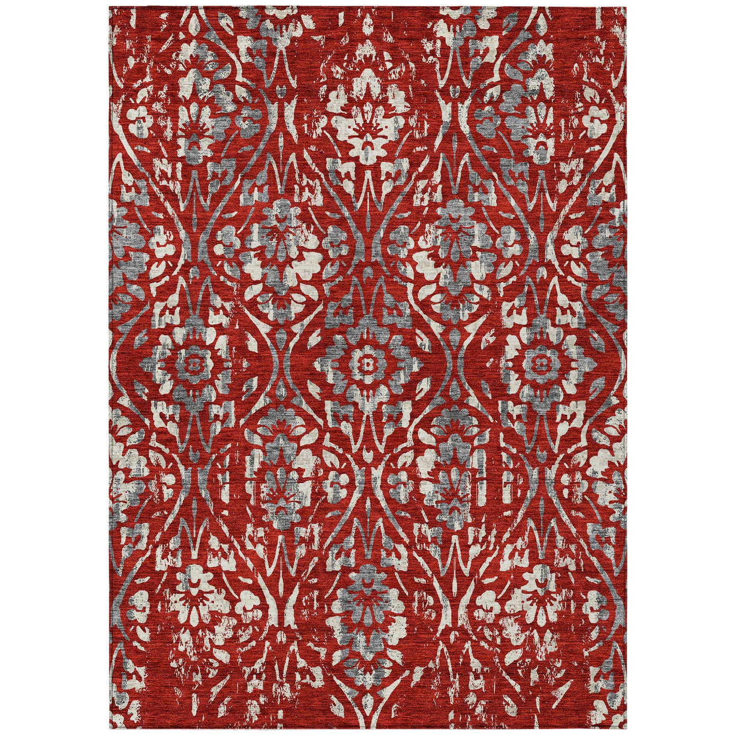 Tabselect Home Line 5' X 8' Red Ivory And Dark Gray Floral Washable Indoor Outdoor Area Rug