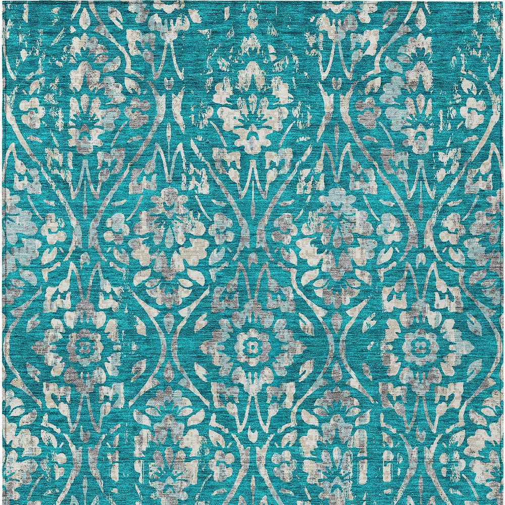 Tabselect Home Line 5' X 8' Teal Blue And Ivory Floral Washable Indoor Outdoor Area Rug