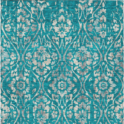 Tabselect Home Line 5' X 8' Teal Blue And Ivory Floral Washable Indoor Outdoor Area Rug