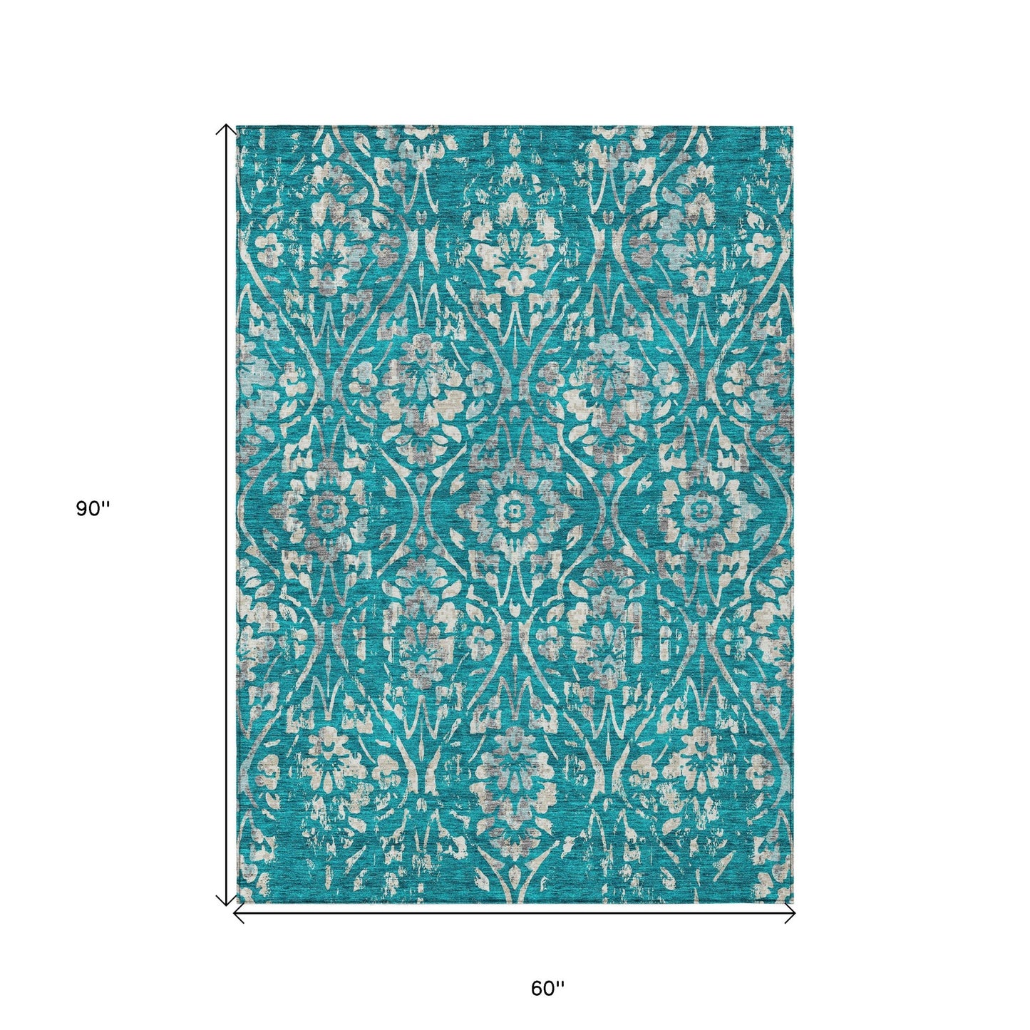 Tabselect Home Line 5' X 8' Teal Blue And Ivory Floral Washable Indoor Outdoor Area Rug