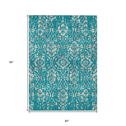 Tabselect Home Line 5' X 8' Teal Blue And Ivory Floral Washable Indoor Outdoor Area Rug