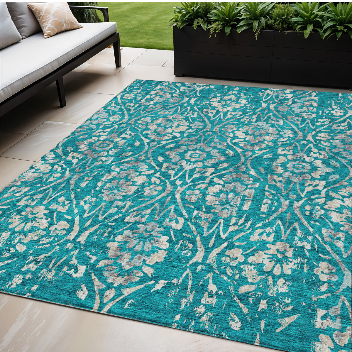 Tabselect Home Line 5' X 8' Teal Blue And Ivory Floral Washable Indoor Outdoor Area Rug