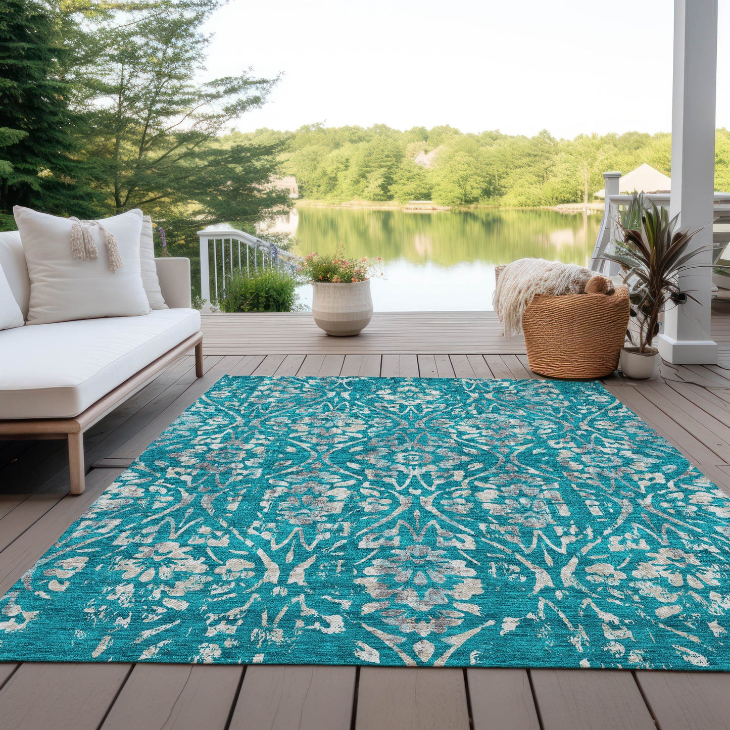 Tabselect Home Line 5' X 8' Teal Blue And Ivory Floral Washable Indoor Outdoor Area Rug