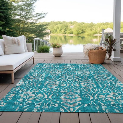 Tabselect Home Line 5' X 8' Teal Blue And Ivory Floral Washable Indoor Outdoor Area Rug