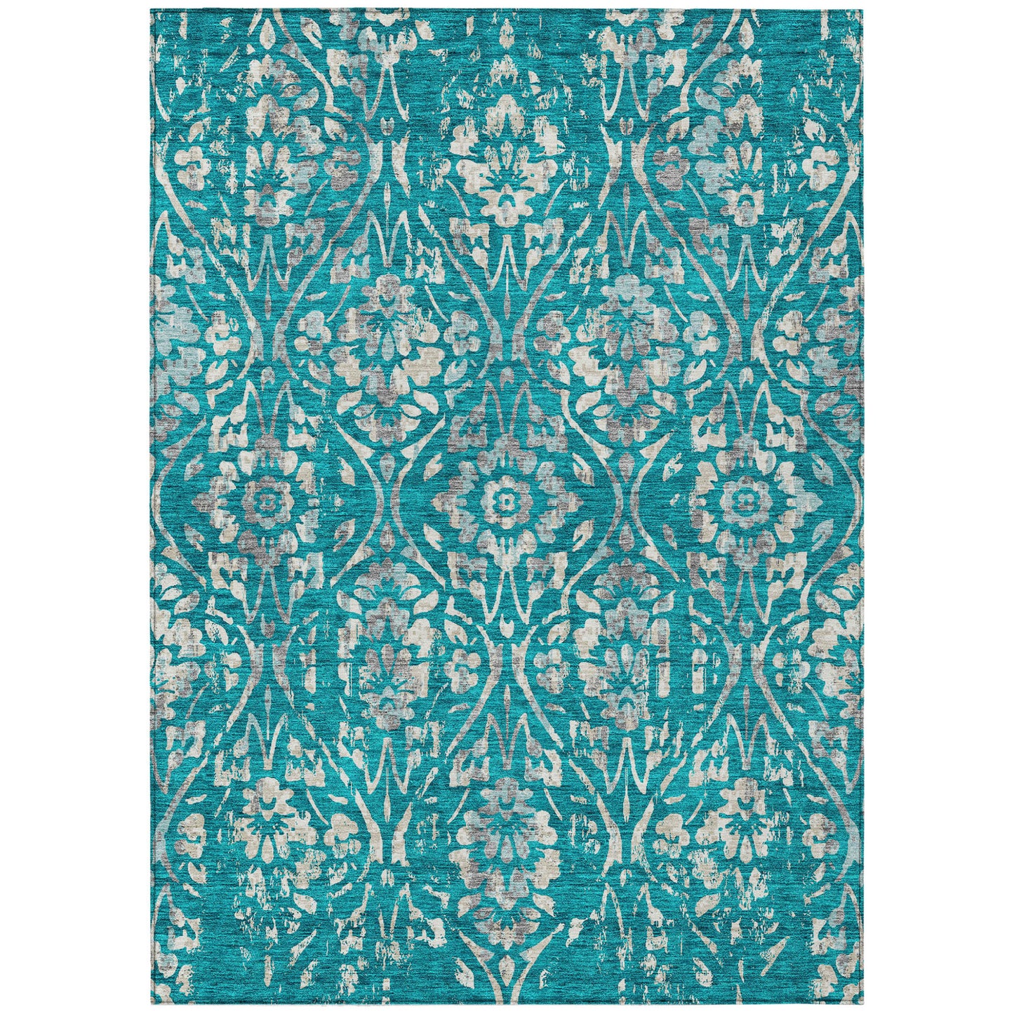 Tabselect Home Line 5' X 8' Teal Blue And Ivory Floral Washable Indoor Outdoor Area Rug