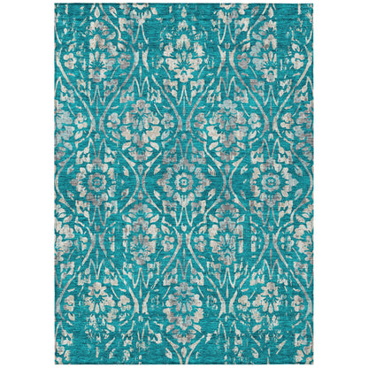 Tabselect Home Line 5' X 8' Teal Blue And Ivory Floral Washable Indoor Outdoor Area Rug