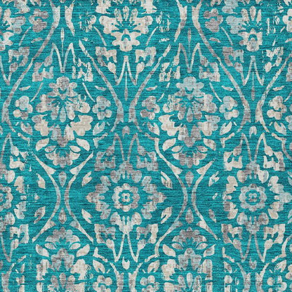 Tabselect Home Line 5' X 8' Teal Blue And Ivory Floral Washable Indoor Outdoor Area Rug