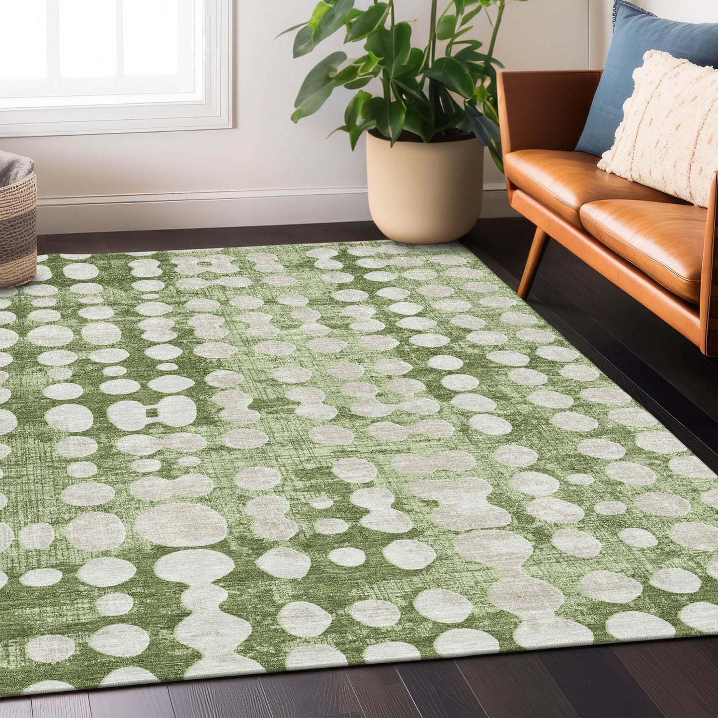 Tabselect Home Line 5' X 8' Artichoke Green And Ivory Abstract Washable Indoor Outdoor Area Rug